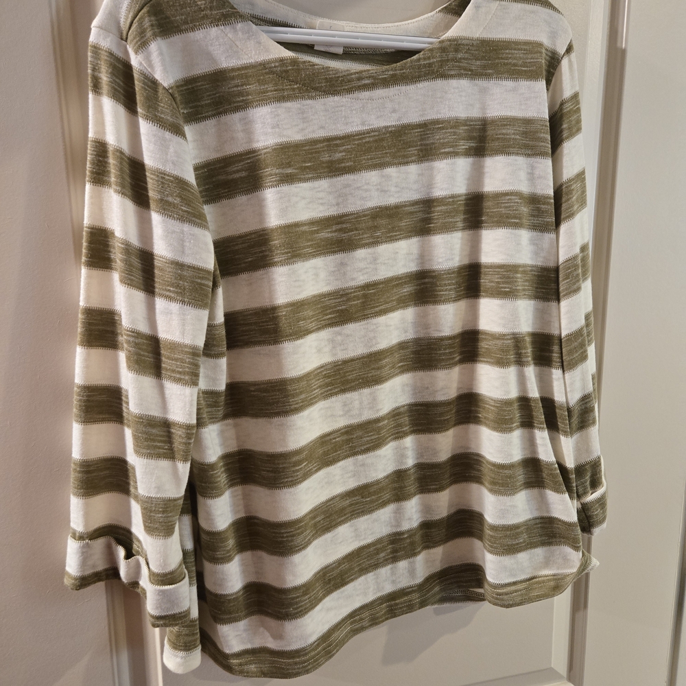 Olive and White Striped Long Sleeve Top